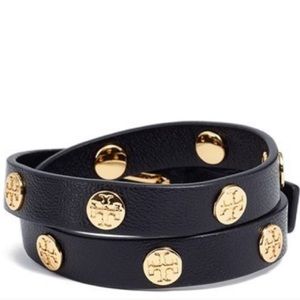 Tory Burch Black Leather Logo Wrap Bracelet